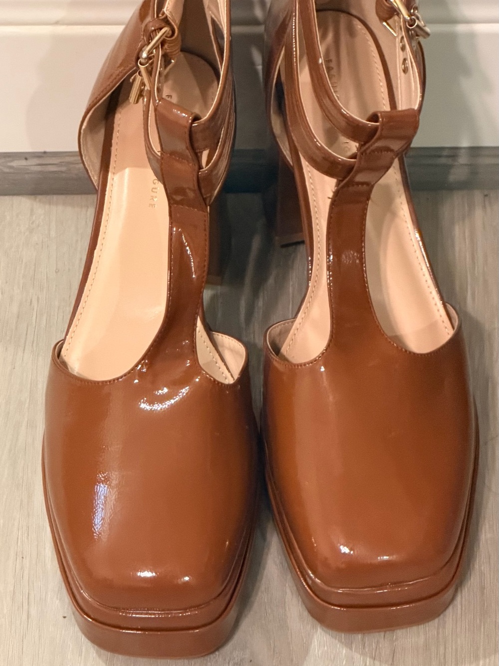 Patent Tan T-Strap Block Heels by